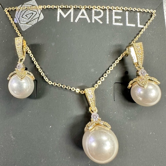 Mariell Pearl Drop Bridal Necklace Earrings Set with CZ Crystals - Picture 3 of 4